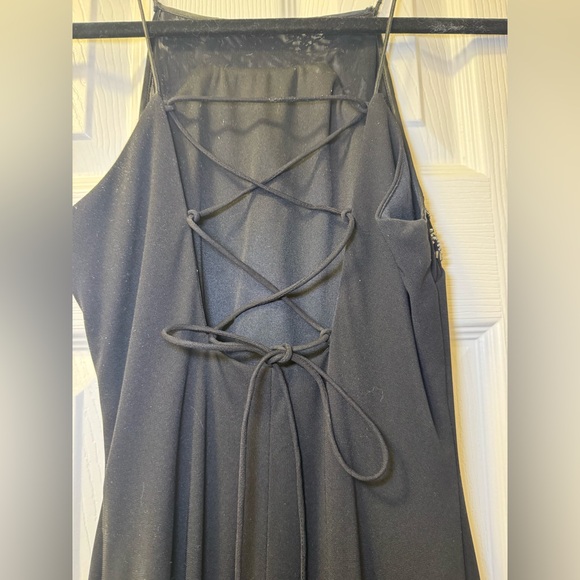 90s Black Evening Prom Dress High Neck Backless Strappy Beaded Size 4 Free Bag - Picture 7 of 12
